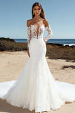 pizzo tulle avorio off la spalla sirena abito da sposa