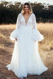 Avorio A Line Abito da sposa in tulle con scollo a V in pizzo con maniche lunghe
