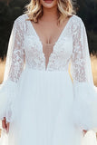 Avorio A Line Abito da sposa in tulle con scollo a V in pizzo con maniche lunghe