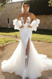 avorio sirena pizzo tulle mezze maniche abito da sposa con fessura