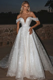 Scintillante tulle avorio fuori dalla spalla una linea abito da sposa