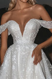Scintillante tulle avorio fuori dalla spalla una linea abito da sposa
