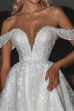 Scintillante tulle avorio fuori dalla spalla una linea abito da sposa
