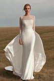 Avorio raso maniche lunghe guaina abito da sposa con perline