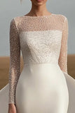 Avorio raso maniche lunghe guaina abito da sposa con perline