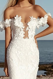 Pizzo applicato avorio off la spalla guaina abito da sposa