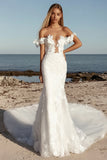Pizzo applicato avorio off la spalla guaina abito da sposa