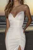 Abito da sposa sirena avorio in raso senza spalline con fessura