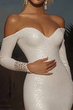Sexy avorio fuori dalla spalla paillettes A-Line abito da sposa lungo