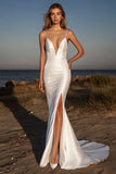 Elegante avorio Spaghetti Straps Mermaid abito da sposa lungo con fessura