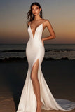 Elegante avorio Spaghetti Straps Mermaid abito da sposa lungo con fessura