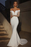 Elegante avorio Off the Shoulder Mermaid abito da sposa lungo con maniche lunghe