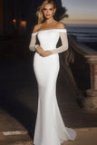 Elegante Avorio Raso Off the Shoulder Mermaid Abito da sposa lungo con maniche lunghe