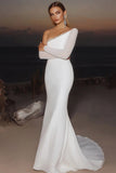 Chic avorio raso una spalla sirena abito da sposa lungo con strass