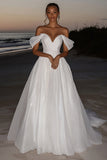 Elegante avorio Off the Shoulder A-Line increspato abito da sposa lungo