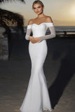Elegante Avorio Raso Off the Shoulder Mermaid Abito da sposa lungo con maniche lunghe