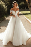 Glitter A Line Off the Spalla Tulle Avorio Abito da sposa con applicazioni