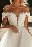 Glitter A Line Off the Spalla Tulle Avorio Abito da sposa con applicazioni