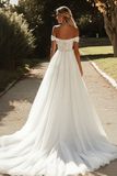 Glitter A Line Off the Spalla Tulle Avorio Abito da sposa con applicazioni