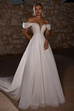 Glitter avorio Off the Spalla una linea abito da sposa lungo