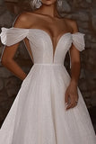 Glitter avorio Off the Spalla una linea abito da sposa lungo