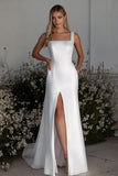Abito da sposa semplice in raso con scollo quadrato a colonna avorio