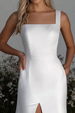Abito da sposa semplice in raso con scollo quadrato a colonna avorio