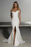 Raso Off the Shoulder avorio sirena abito da sposa con fessura