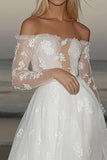 Romantico avorio una linea tulle abito da sposa manica lunga con applicazioni in pizzo