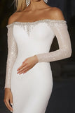 Sparkly Off the Spalla guaina avorio manica lunga abito da sposa