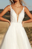 Delicato avorio scollo a V tulle una linea di pizzo Applique abito da sposa