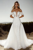 Romantico avorio Off the Spalla pizzo Applique Tulle A Line Abito da sposa