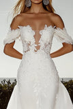 Romantico avorio Off the Spalla pizzo Applique Tulle A Line Abito da sposa
