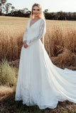 Timeless A Line V Neck Lace Abito da sposa avorio a maniche lunghe