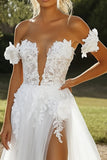 Avorio Tulle Pizzo A Line Abito da sposa con Appliques