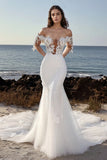 Romantico Avorio Pizzo Applique Off the Spalla Tulle Abito da sposa sirena con strascico di corte