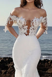 Romantico Avorio Pizzo Applique Off the Spalla Tulle Abito da sposa sirena con strascico di corte