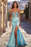Chic blu deep-V guaina fessura lungo abito da ballo con perline