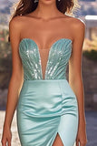 Chic blu deep-V guaina fessura lungo abito da ballo con perline