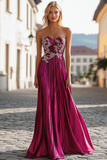 Chic fucsia senza spalline Sweetheart lungo abito da ballo con ricamo