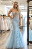 Elegante cielo blu sirena fidanzata sirena tulle lungo abito da ballo con appliques