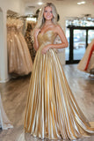 Chic Gold A Line Deep-V Satin Satin Pleted Prom Dress