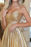 Chic Gold A Line Deep-V Satin Satin Pleted Prom Dress
