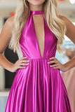 Chic fucsia una linea Halter con scollo a V in raso plissettato lungo abito da ballo