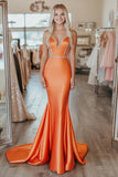 Chic arancione sirena senza spalline lungo abito da ballo con perline