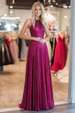 Chic fucsia una linea Halter plissettato lungo abito da ballo