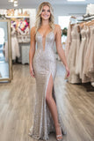 Scintillante argento pavimento-lunghezza Prom Dress con fessura