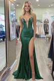Sparkly Spaghetti Straps Abito da ballo sirena verde scuro con fessura