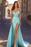 Blu increspato Sweetheart Prom Dress con fessura