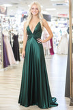 Chic Abito da ballo in raso satinato verde scuro con scollo a V